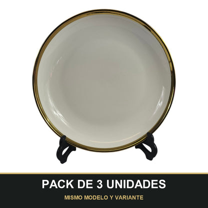 PACK DE 3 UNIDADES — Plato Hondo de Cerámica Ø23 cm – Borde Dorado Elegante. MISMO MODELO Y VARIANTE