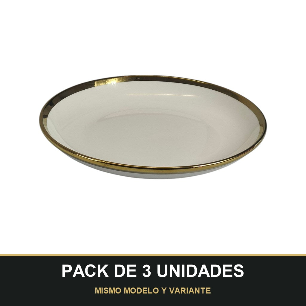 PACK DE 3 UNIDADES — Plato Hondo de Cerámica Ø23 cm – Borde Dorado Elegante. MISMO MODELO Y VARIANTE