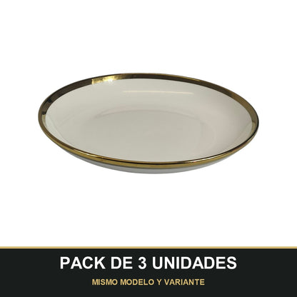 PACK DE 3 UNIDADES — Plato Hondo de Cerámica Ø23 cm – Borde Dorado Elegante. MISMO MODELO Y VARIANTE