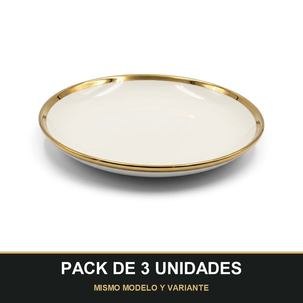 PACK DE 3 UNIDADES — Plato Hondo de Cerámica Ø23 cm – Borde Dorado Elegante. MISMO MODELO Y VARIANTE