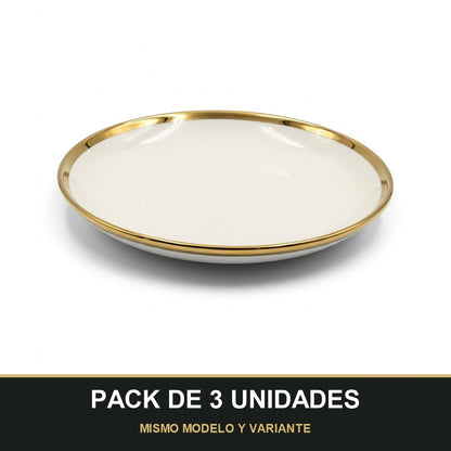 PACK DE 3 UNIDADES — Plato Hondo de Cerámica Ø23 cm – Borde Dorado Elegante. MISMO MODELO Y VARIANTE