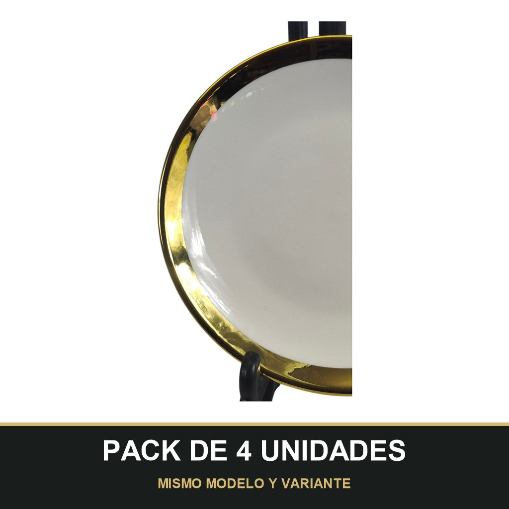 PACK DE 4 UNIDADES — Plato de Cerámica Ø15.5 cm – Borde Dorado Elegante. MISMO MODELO Y VARIANTE