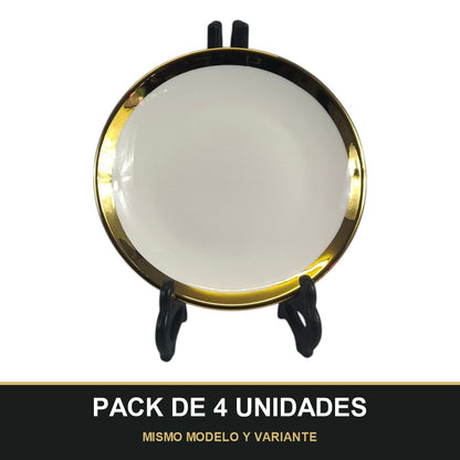PACK DE 4 UNIDADES — Plato de Cerámica Ø15.5 cm – Borde Dorado Elegante. MISMO MODELO Y VARIANTE