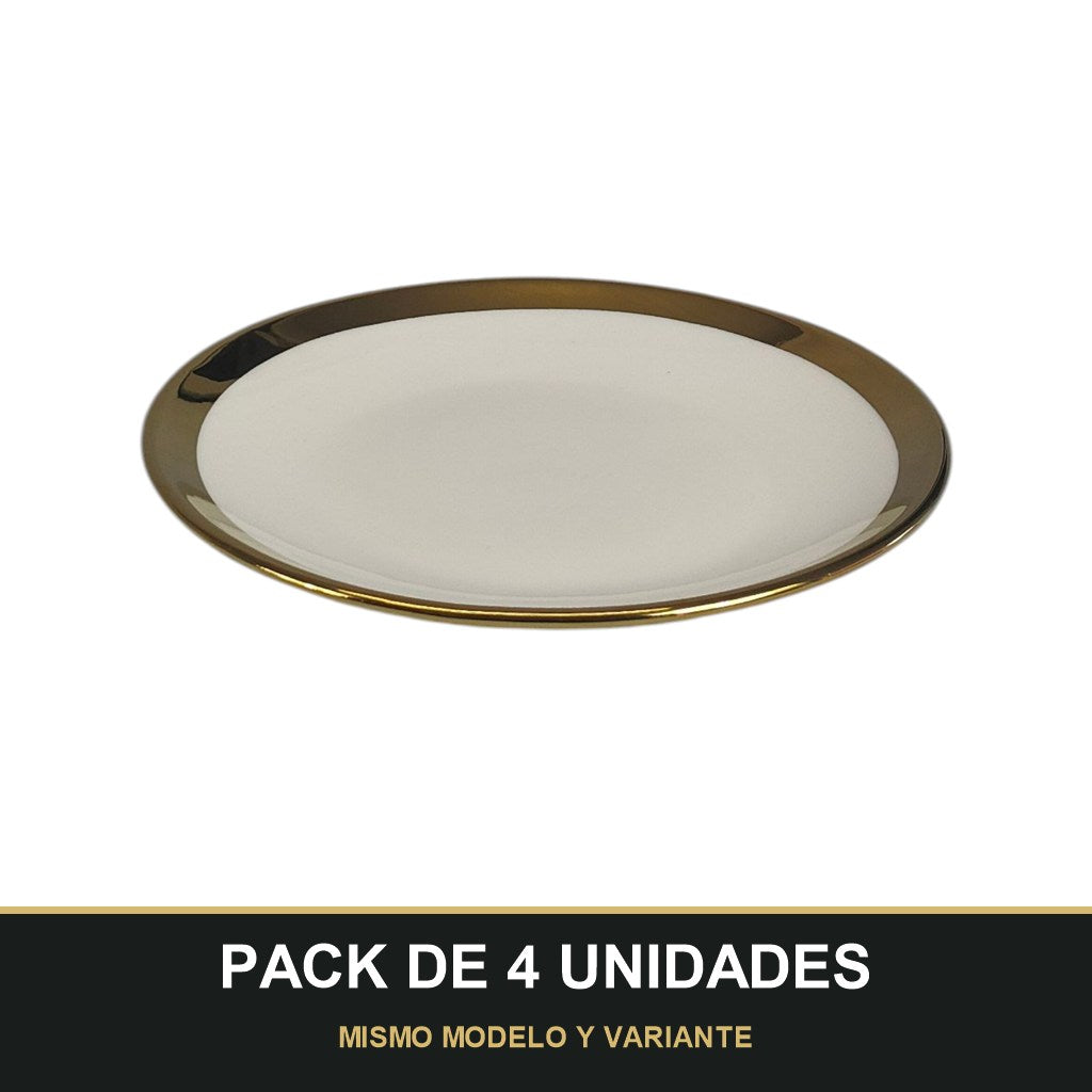 PACK DE 4 UNIDADES — Plato de Cerámica Ø15.5 cm – Borde Dorado Elegante. MISMO MODELO Y VARIANTE
