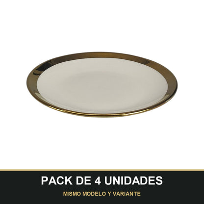 PACK DE 4 UNIDADES — Plato de Cerámica Ø15.5 cm – Borde Dorado Elegante. MISMO MODELO Y VARIANTE
