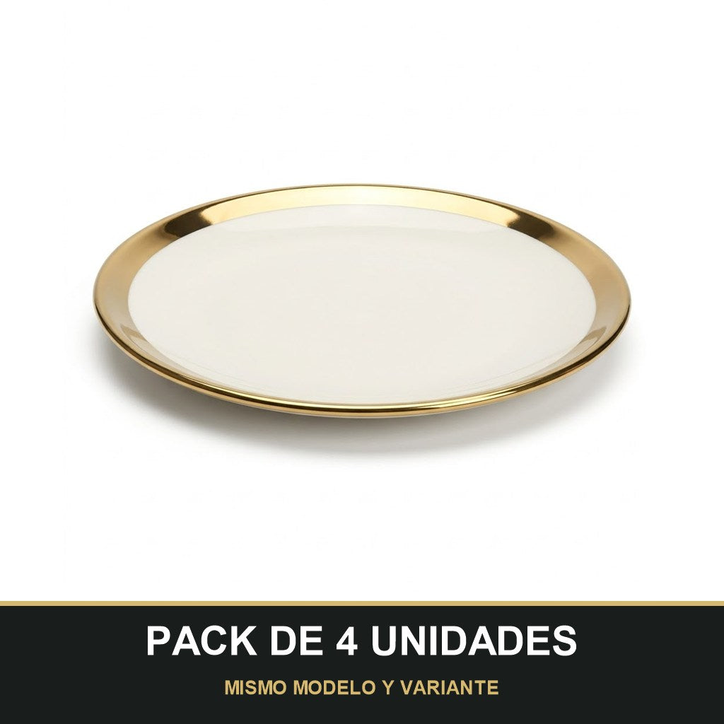 PACK DE 4 UNIDADES — Plato de Cerámica Ø15.5 cm – Borde Dorado Elegante. MISMO MODELO Y VARIANTE