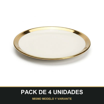 PACK DE 4 UNIDADES — Plato de Cerámica Ø15.5 cm – Borde Dorado Elegante. MISMO MODELO Y VARIANTE