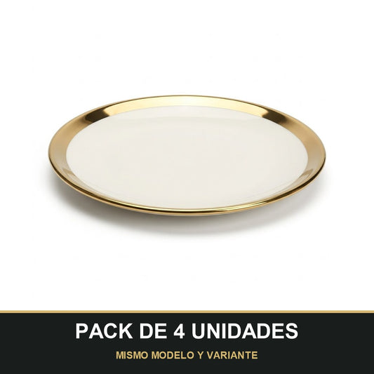 PACK DE 4 UNIDADES — Plato de Cerámica Ø15.5 cm – Borde Dorado Elegante. MISMO MODELO Y VARIANTE