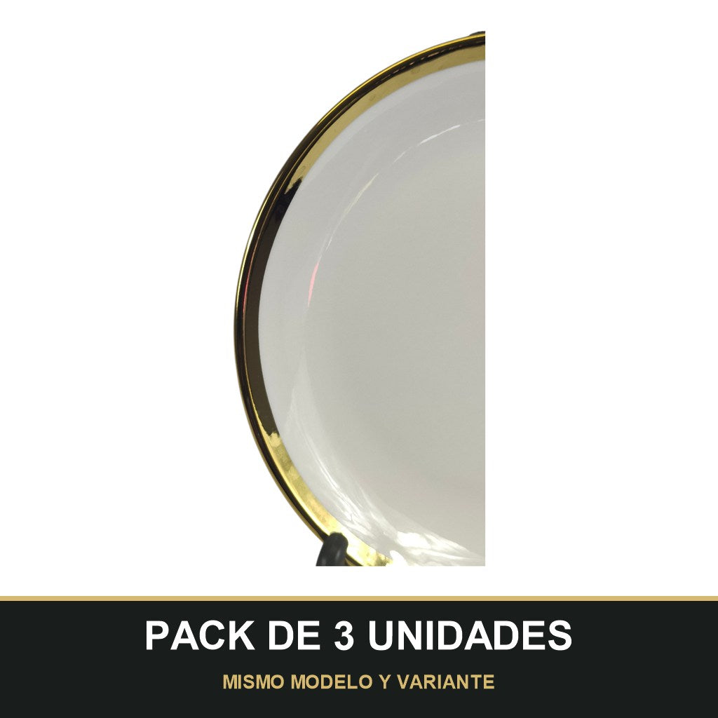 PACK DE 3 UNIDADES — Plato de Cerámica Ø18 cm – Borde Dorado Elegante. MISMO MODELO Y VARIANTE