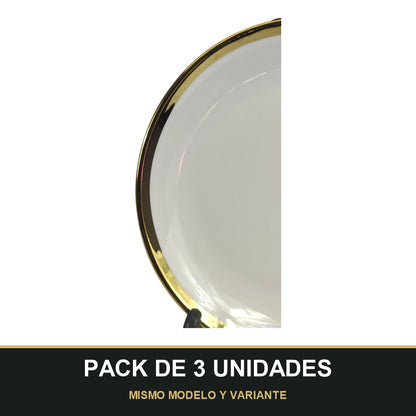 PACK DE 3 UNIDADES — Plato de Cerámica Ø18 cm – Borde Dorado Elegante. MISMO MODELO Y VARIANTE