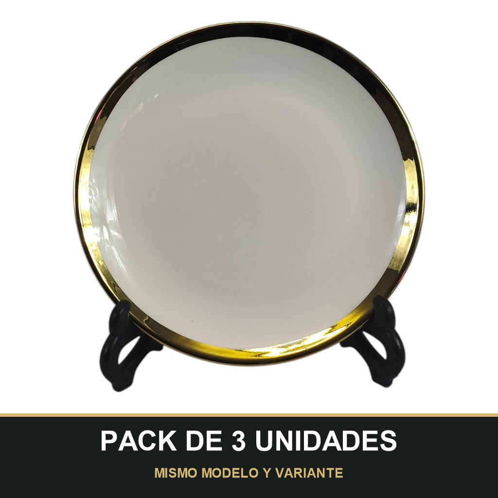 PACK DE 3 UNIDADES — Plato de Cerámica Ø18 cm – Borde Dorado Elegante. MISMO MODELO Y VARIANTE