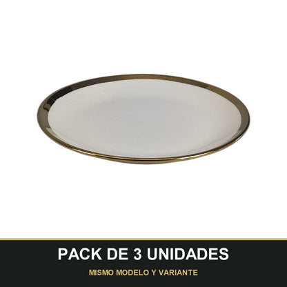 PACK DE 3 UNIDADES — Plato de Cerámica Ø18 cm – Borde Dorado Elegante. MISMO MODELO Y VARIANTE
