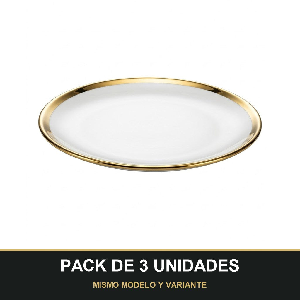 PACK DE 3 UNIDADES — Plato de Cerámica Ø18 cm – Borde Dorado Elegante. MISMO MODELO Y VARIANTE