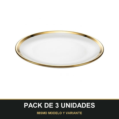 PACK DE 3 UNIDADES — Plato de Cerámica Ø18 cm – Borde Dorado Elegante. MISMO MODELO Y VARIANTE