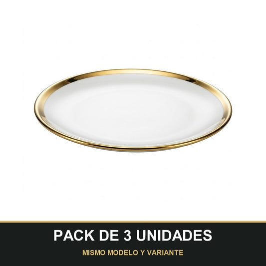 PACK DE 3 UNIDADES — Plato de Cerámica Ø18 cm – Borde Dorado Elegante. MISMO MODELO Y VARIANTE