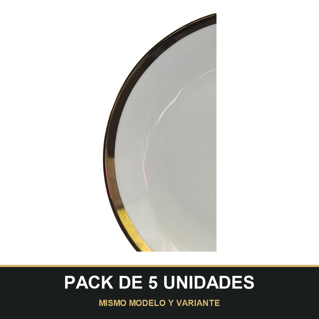 PACK DE 5 UNIDADES — Plato de Cerámica Ø20 cm – Borde Dorado Elegante. MISMO MODELO Y VARIANTE