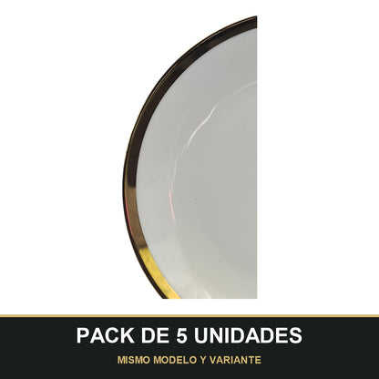 PACK DE 5 UNIDADES — Plato de Cerámica Ø20 cm – Borde Dorado Elegante. MISMO MODELO Y VARIANTE