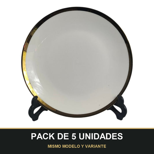 PACK DE 5 UNIDADES — Plato de Cerámica Ø20 cm – Borde Dorado Elegante. MISMO MODELO Y VARIANTE