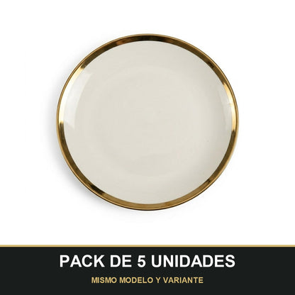 PACK DE 5 UNIDADES — Plato de Cerámica Ø20 cm – Borde Dorado Elegante. MISMO MODELO Y VARIANTE