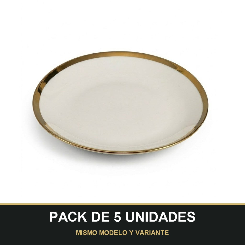 PACK DE 5 UNIDADES — Plato de Cerámica Ø20 cm – Borde Dorado Elegante. MISMO MODELO Y VARIANTE