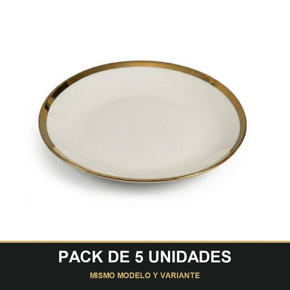 PACK DE 5 UNIDADES — Plato de Cerámica Ø20 cm – Borde Dorado Elegante. MISMO MODELO Y VARIANTE