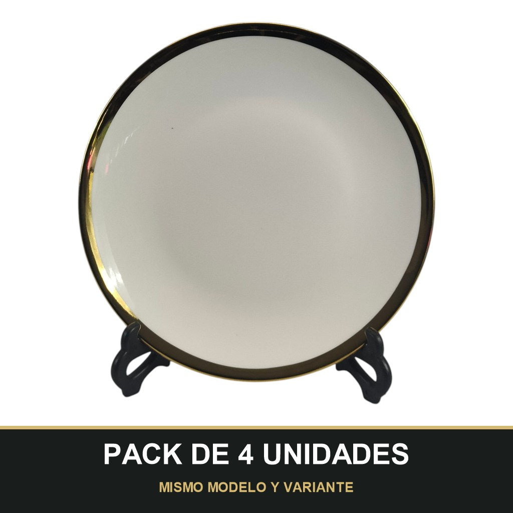 PACK DE 4 UNIDADES — Plato de Cerámica Ø22,5 cm – Borde Dorado Elegante. MISMO MODELO Y VARIANTE