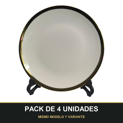PACK DE 4 UNIDADES — Plato de Cerámica Ø22,5 cm – Borde Dorado Elegante. MISMO MODELO Y VARIANTE