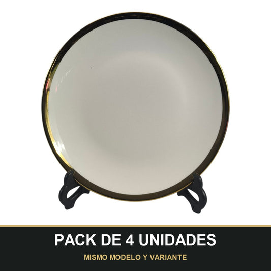 PACK DE 4 UNIDADES — Plato de Cerámica Ø22,5 cm – Borde Dorado Elegante. MISMO MODELO Y VARIANTE