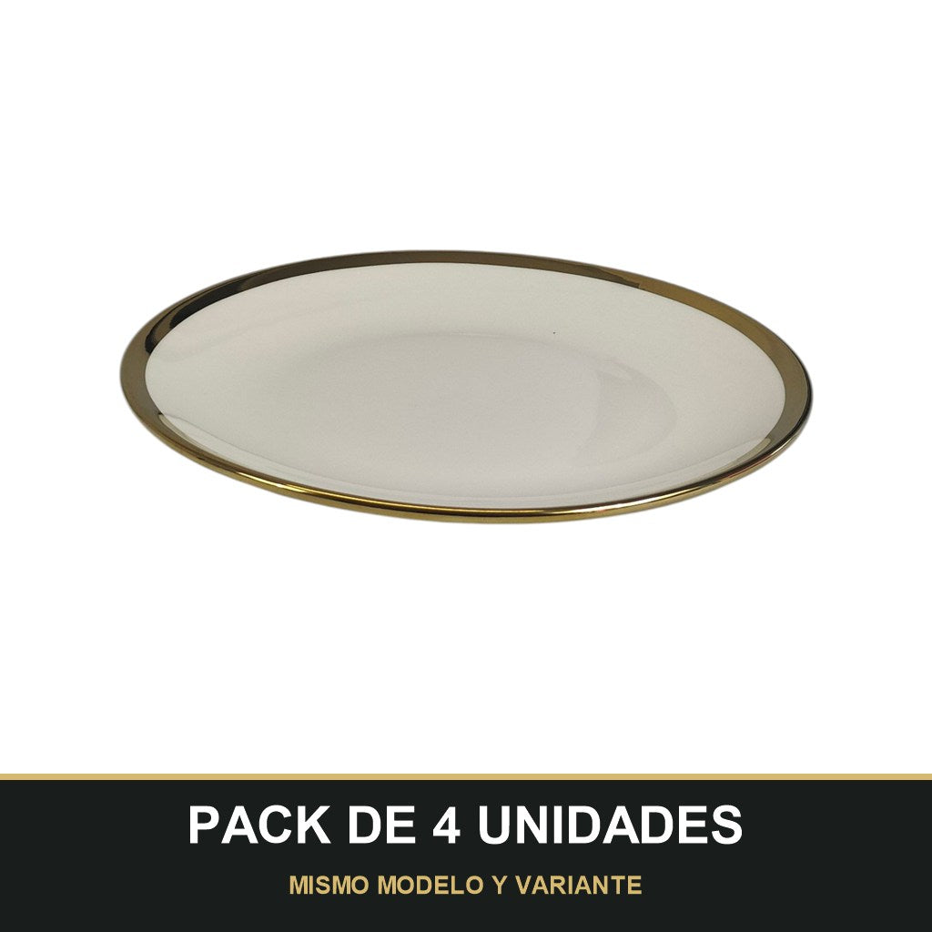 PACK DE 4 UNIDADES — Plato de Cerámica Ø22,5 cm – Borde Dorado Elegante. MISMO MODELO Y VARIANTE