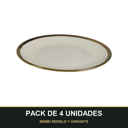 PACK DE 4 UNIDADES — Plato de Cerámica Ø22,5 cm – Borde Dorado Elegante. MISMO MODELO Y VARIANTE