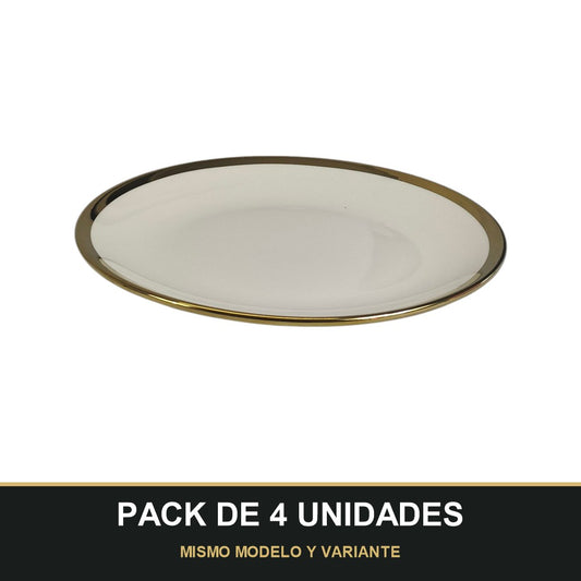 PACK DE 4 UNIDADES — Plato de Cerámica Ø22,5 cm – Borde Dorado Elegante. MISMO MODELO Y VARIANTE