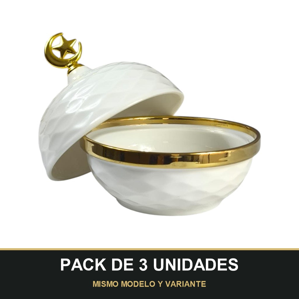 PACK DE 3 UNIDADES — Caja Decorativa Árabe con Tapa Luna y Estrella Dorada 🌙⭐ Cerámica Blanca de Lujo. MISMO MODELO Y VARIANTE
