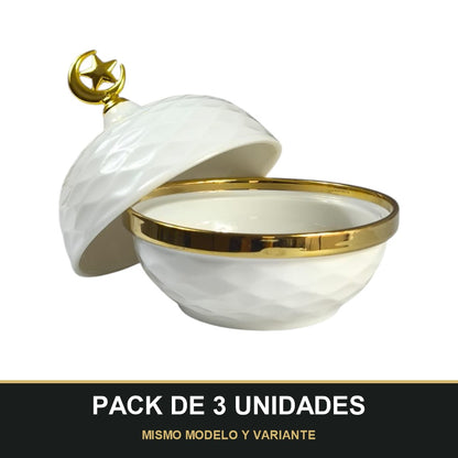 PACK DE 3 UNIDADES — Caja Decorativa Árabe con Tapa Luna y Estrella Dorada 🌙⭐ Cerámica Blanca de Lujo. MISMO MODELO Y VARIANTE