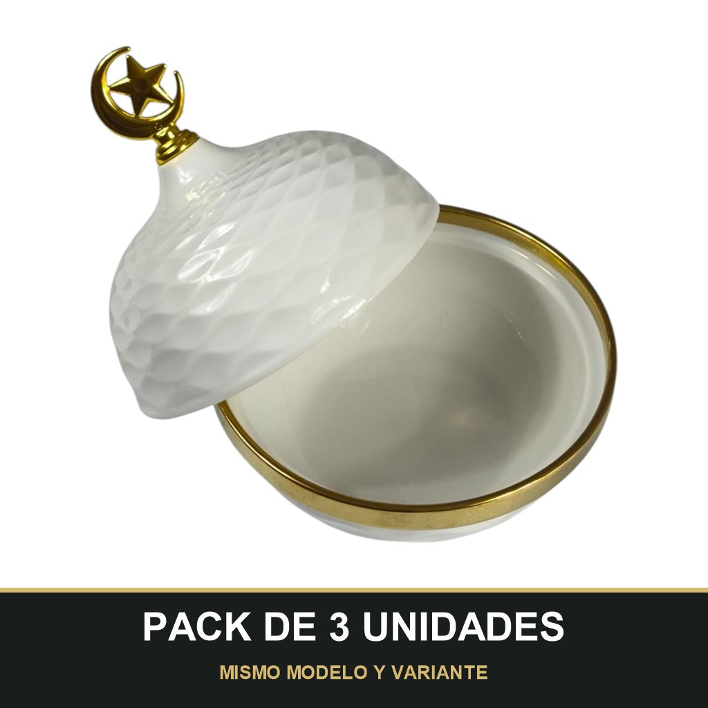 PACK DE 3 UNIDADES — Caja Decorativa Árabe con Tapa Luna y Estrella Dorada 🌙⭐ Cerámica Blanca de Lujo. MISMO MODELO Y VARIANTE