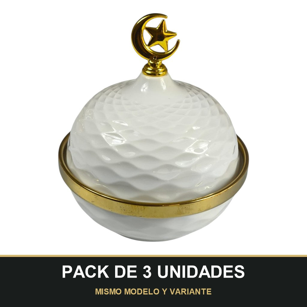 PACK DE 3 UNIDADES — Caja Decorativa Árabe con Tapa Luna y Estrella Dorada 🌙⭐ Cerámica Blanca de Lujo. MISMO MODELO Y VARIANTE