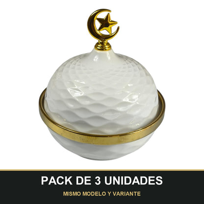 PACK DE 3 UNIDADES — Caja Decorativa Árabe con Tapa Luna y Estrella Dorada 🌙⭐ Cerámica Blanca de Lujo. MISMO MODELO Y VARIANTE