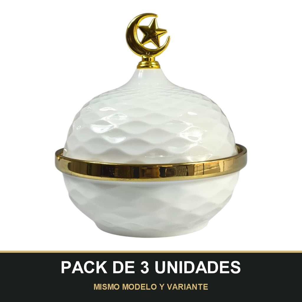 PACK DE 3 UNIDADES — Caja Decorativa Árabe con Tapa Luna y Estrella Dorada 🌙⭐ Cerámica Blanca de Lujo. MISMO MODELO Y VARIANTE