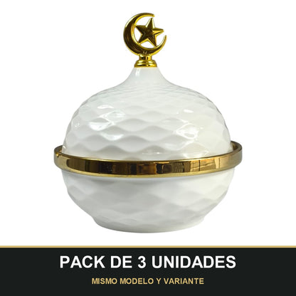 PACK DE 3 UNIDADES — Caja Decorativa Árabe con Tapa Luna y Estrella Dorada 🌙⭐ Cerámica Blanca de Lujo. MISMO MODELO Y VARIANTE