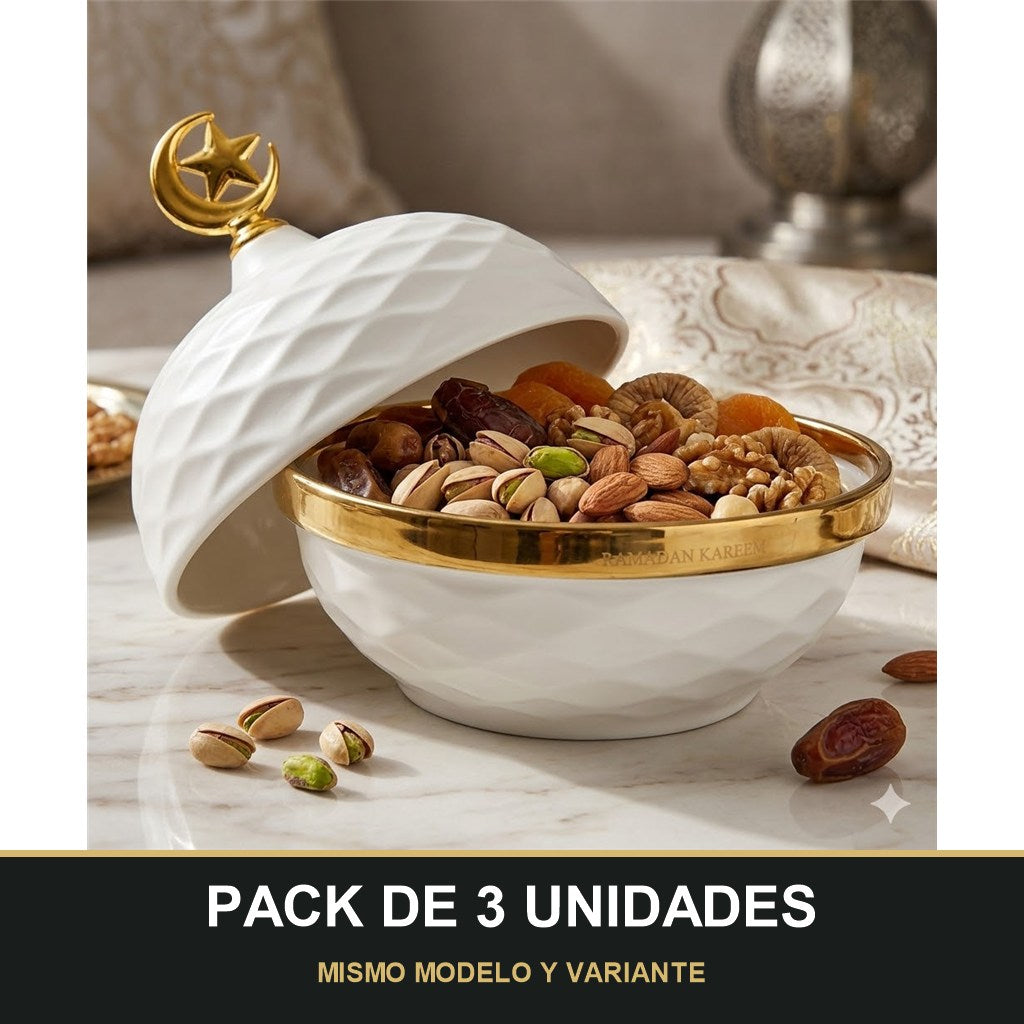 PACK DE 3 UNIDADES — Caja Decorativa Árabe con Tapa Luna y Estrella Dorada 🌙⭐ Cerámica Blanca de Lujo. MISMO MODELO Y VARIANTE
