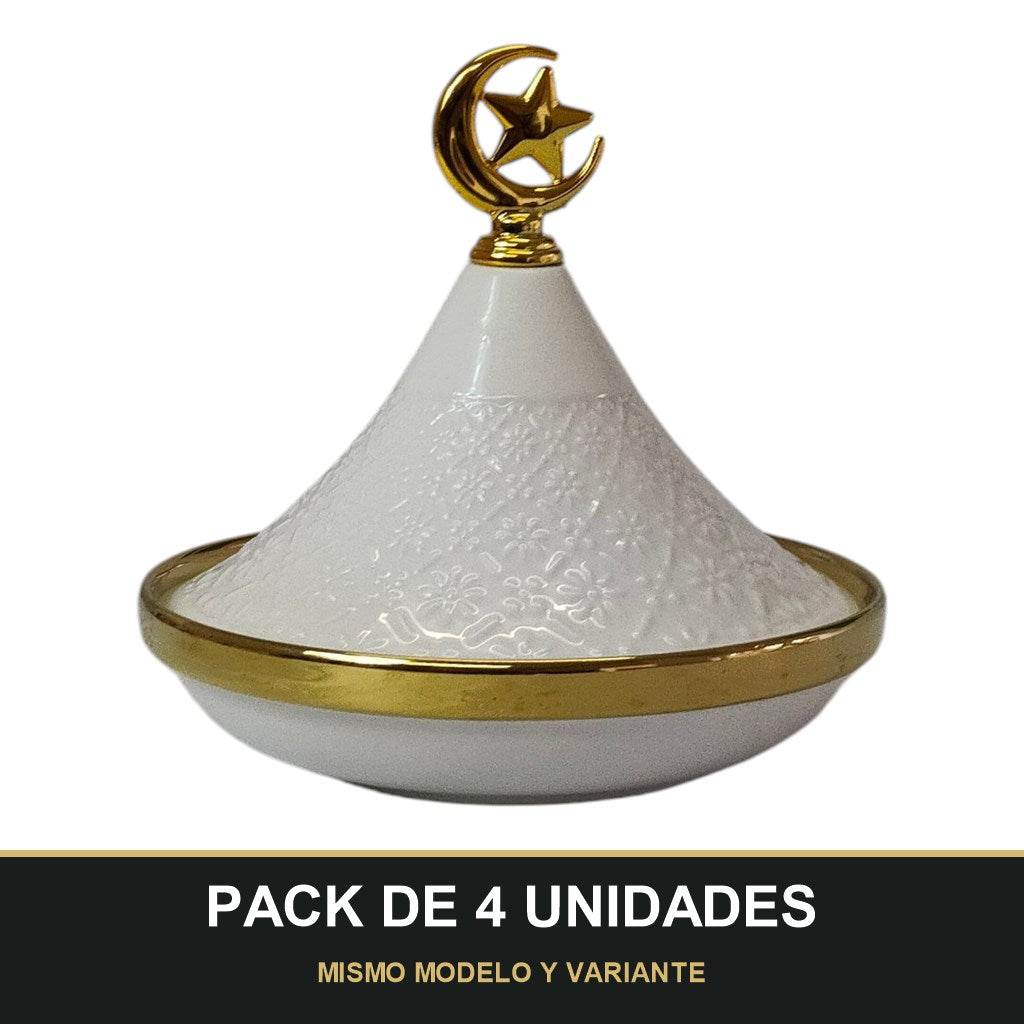 PACK DE 4 UNIDADES — Mini Tajine Decorativo Blanco con Relieve Floral y Luna Dorada 🌙✨- 12,5cm. MISMO MODELO Y VARIANTE