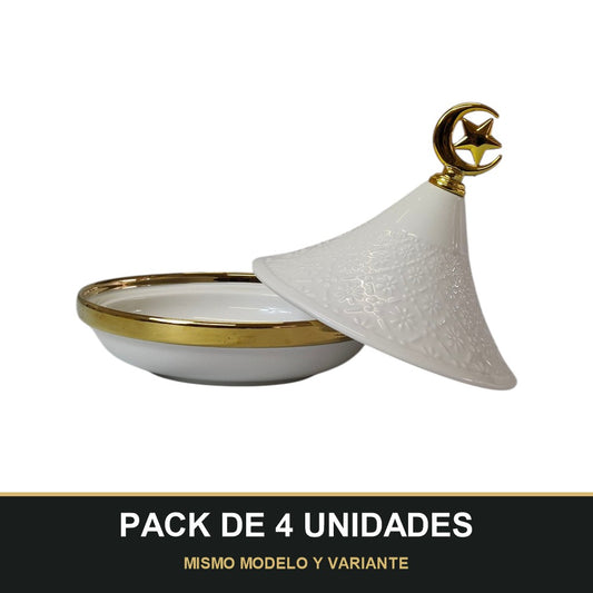 PACK DE 4 UNIDADES — Mini Tajine Decorativo Blanco con Relieve Floral y Luna Dorada 🌙✨- 12,5cm. MISMO MODELO Y VARIANTE