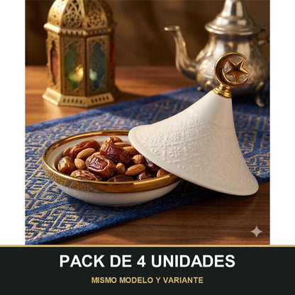 PACK DE 4 UNIDADES — Mini Tajine Decorativo Blanco con Relieve Floral y Luna Dorada 🌙✨- 12,5cm. MISMO MODELO Y VARIANTE