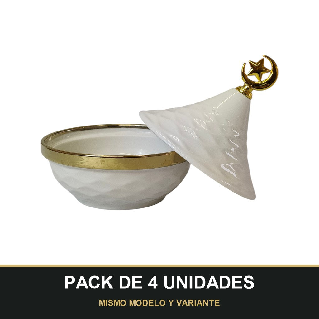 PACK DE 4 UNIDADES — Mini Tajine Decorativo Blanco con Borde Dorado y Luna - 12,5cm 🌙✨. MISMO MODELO Y VARIANTE