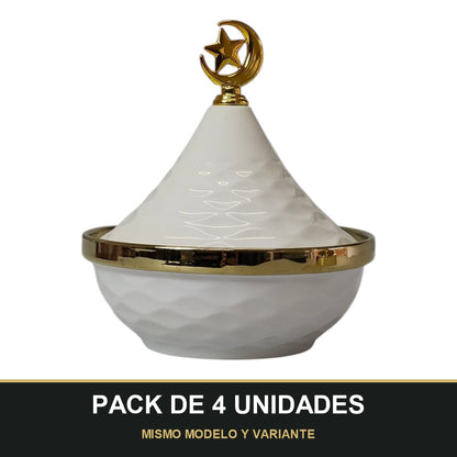 PACK DE 4 UNIDADES — Mini Tajine Decorativo Blanco con Borde Dorado y Luna - 12,5cm 🌙✨. MISMO MODELO Y VARIANTE