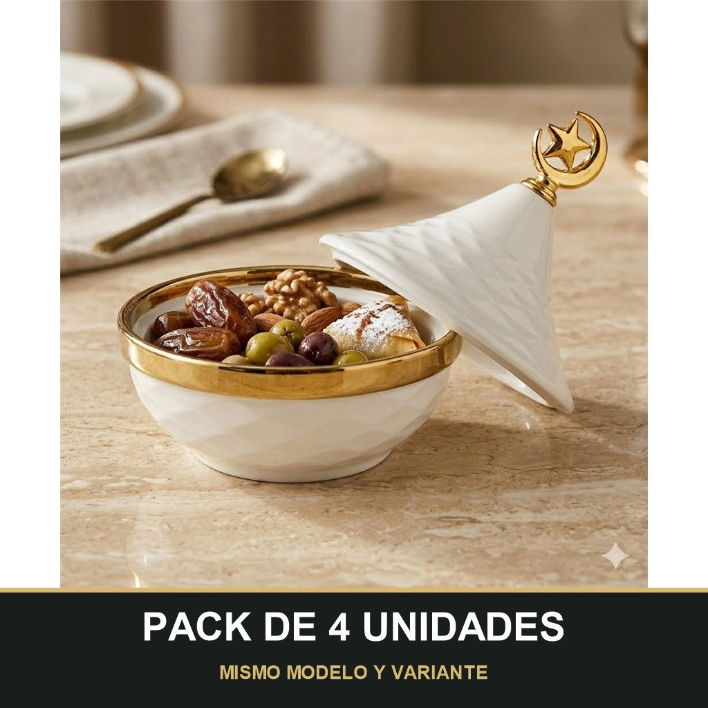 PACK DE 4 UNIDADES — Mini Tajine Decorativo Blanco con Borde Dorado y Luna - 12,5cm 🌙✨. MISMO MODELO Y VARIANTE