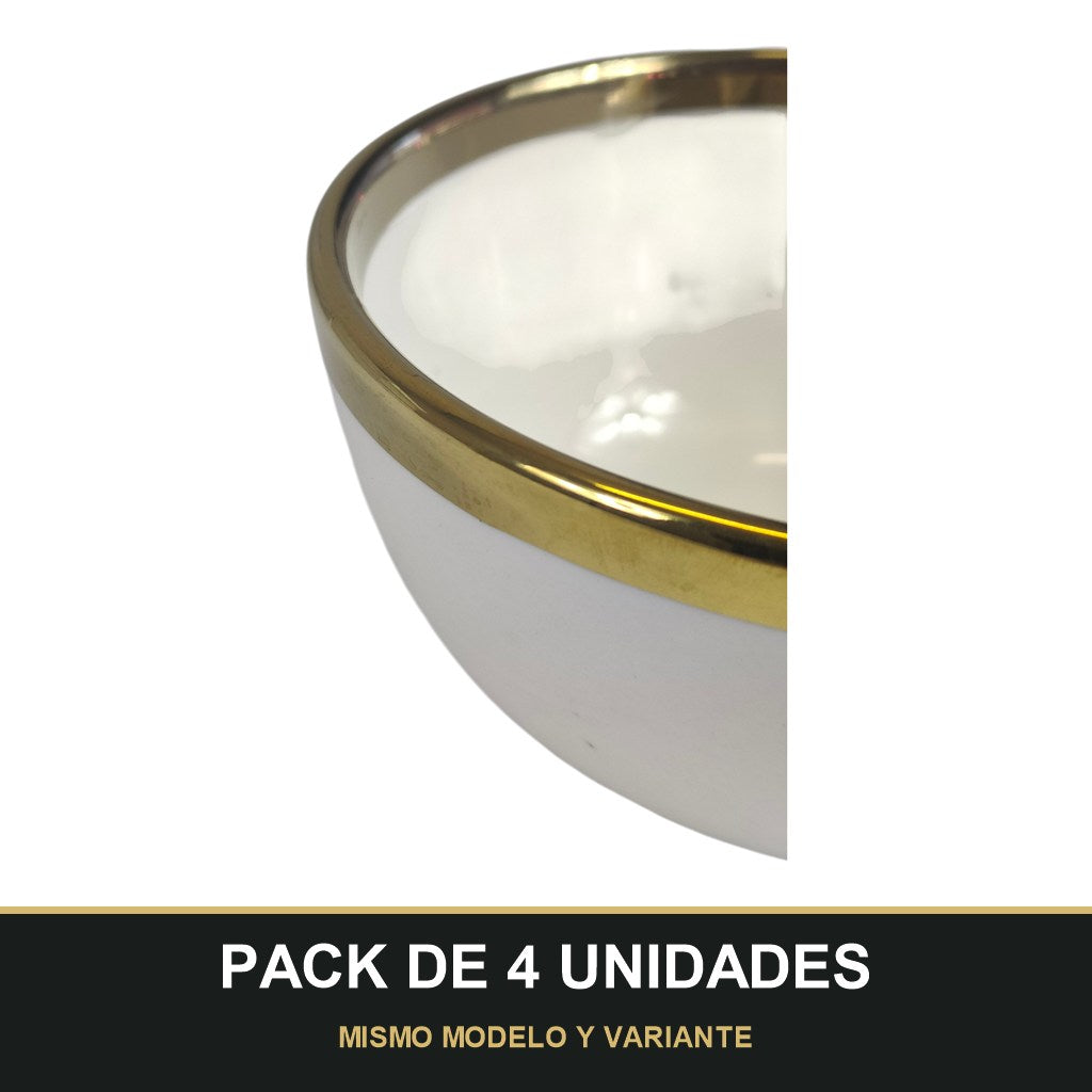 PACK DE 4 UNIDADES — Bol de Cerámica Ø12,5 cm con Borde Dorado – Blanco Elegante. MISMO MODELO Y VARIANTE