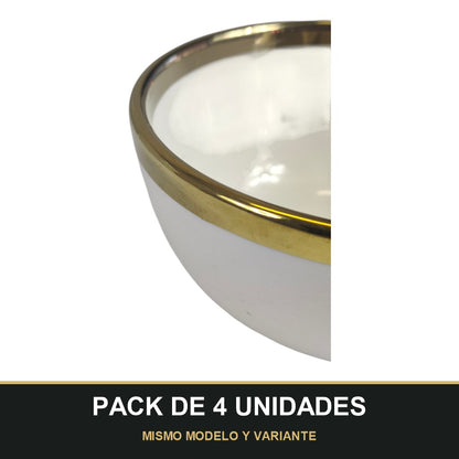 PACK DE 4 UNIDADES — Bol de Cerámica Ø12,5 cm con Borde Dorado – Blanco Elegante. MISMO MODELO Y VARIANTE
