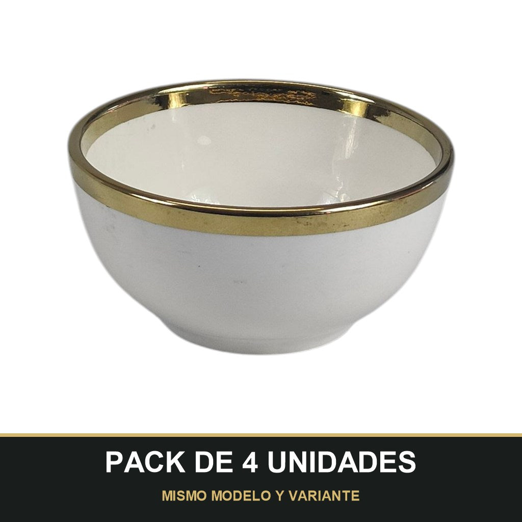 PACK DE 4 UNIDADES — Bol de Cerámica Ø12,5 cm con Borde Dorado – Blanco Elegante. MISMO MODELO Y VARIANTE