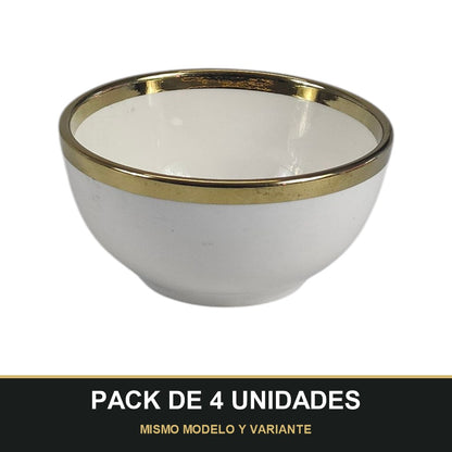 PACK DE 4 UNIDADES — Bol de Cerámica Ø12,5 cm con Borde Dorado – Blanco Elegante. MISMO MODELO Y VARIANTE