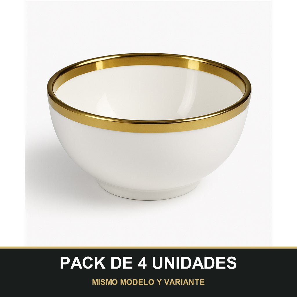 PACK DE 4 UNIDADES — Bol de Cerámica Ø12,5 cm con Borde Dorado – Blanco Elegante. MISMO MODELO Y VARIANTE